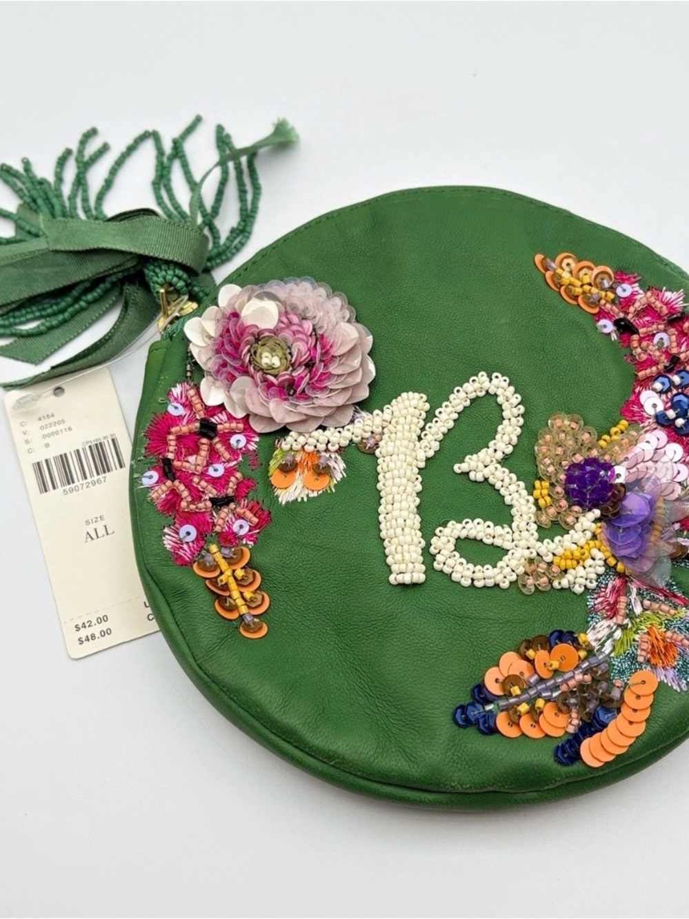 Anthropologie Green Round Embellished Wristlet with Floral Appliqué